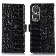 Shockproof Phone Cover For Honor 80 Pro 5G, Crocodile Texture Genuine Cowhide Leather RFID Blocking Flip Wallet Case Stand - Black