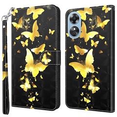 Anti-drop Phone Cover For Oppo A17 4G PU Leather Elegant 3D Pattern Printing Flip Case Stand Wallet with Strap - Golden Butterflies