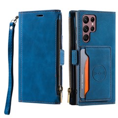 For Samsung Galaxy S23 Ultra Zipper Pocket Stand PU Leather Case Back Card Holder Magnetic Clasp Phone Wallet Cover with Hand Strap - Blue