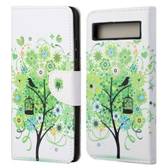 For Google Pixel 7a 5G Cross Texture PU Leather Phone Case Pattern Printing Wallet Stand Full Body Flip Folio Cover - Green Tree