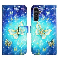For Samsung Galaxy A14 5G / A14 4G Leather Case 3D Pattern Printing Wallet Stand Mobile Cover with Strap - Golden Butterflies