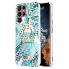 For Samsung Galaxy S23 Ultra Back Cover with Ring Kickstand Splicing Marble Pattern TPU Case - Blue