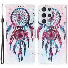 For Samsung Galaxy S23 Ultra Leather Case 3D Pattern Printing Wallet Stand Mobile Cover with Strap - Colorful Wind Chime