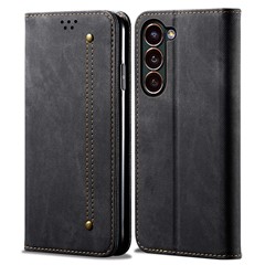 Drop-proof PU Leather Phone Case For Samsung Galaxy S23 Jeans Cloth Texture Protective Flip Wallet Cover Stand - Black