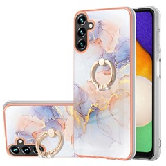 For Samsung Galaxy A54 5G, Impact Resistant Case with Ring Kickstand IMD Marble Pattern TPU Back Cover - Milky Way Marble White
