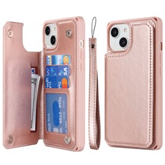 For iPhone 14 Plus Card Slots Design Kickstand PU Leather Coated TPU Phone Case Anti-collision Wallet Cover with Strap - Rose Gold