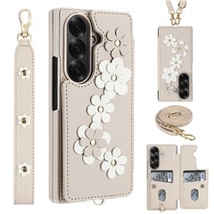 For Samsung Galaxy Z Fold8 Ultra Case Card Slots Leather Coated TPU Flower Phone Cover with 2 Straps - Beige