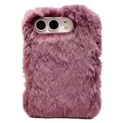 For iPhone Duo Case Foldable Dual Axis with Spring PC Rabbit-Like Plush Phone Cover - Wine Red