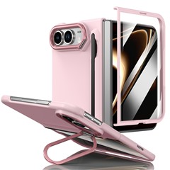 For iPhone Duo Case Camera Frame Kickstand Hard PC Phone Cover with Tempered Glass Film and Stylus - Pink