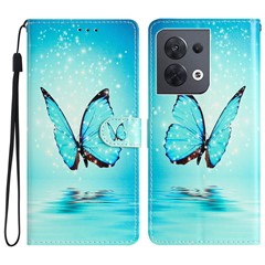 For Oppo Reno8 5G (Global Version) Pattern Printing PU Leather Flip Cover Stand Feature Magnetic Closure Wallet Phone Case with Strap - Blue Butterfly