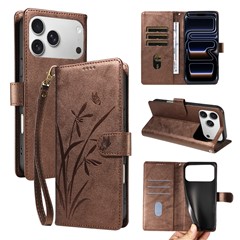 For iPhone 18 Pro Max  /  17 Pro Max Wallet Case Orchid Butterfly Imprinted Pattern Flip Stand Leather Phone Cover with Wrist Strap - Brown