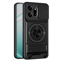 For Samsung Galaxy S27 Pro Magnetic Case Ring Holder Foldable Kickstand TPU PC Phone Cover with Camera Lens Slider - Black
