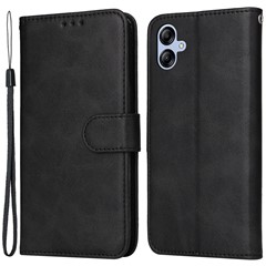 For Samsung Galaxy A04e 4G / F04 4G / M04 4G Magnetic PU Leather Phone Cover Stand Anti-scratch Calf Texture Folio Wallet Phone Case with Strap - Black