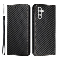 For Samsung Galaxy A54 5G Carbon Fiber Texture PU Leather Flip Wallet Case Magnetic Auto Closing Drop-proof Phone Cover Stand - Black