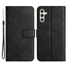 Drop-proof Phone Cover For Samsung Galaxy A34 5G, Line Imprinting Solid Color PU Leather Wallet Stand Protective Phone Case with Strap - Black