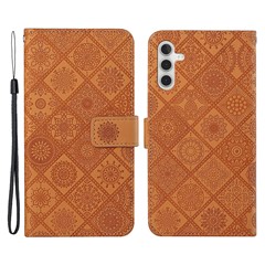 For Samsung Galaxy A34 5G Ethnic Style Flower Imprinted PU Leather Magnetic Flip Phone Case Stand Wallet Protective Phone Cover with Strap - Brown