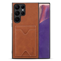 DENIOR Anti-fall Phone Case For Samsung Galaxy S23 Ultra PU Leather Coated TPU Case Kickstand Card Slot Phone Cover - Brown