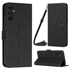 For Samsung Galaxy A34 5G PU Leather Wallet Phone Cover Imprinted Heart Shape Skin-touch Feeling Anti-shock Phone Case Stand with Shoulder Strap - Black