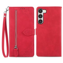 For Samsung Galaxy S23+ Zipper Wallet Case with Strap Flower Imprint PU Leather Phone Cover - Red