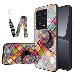 For Xiaomi 13 Pro 5G Flower Pattern Tempered Glass Phone Case PC + TPU Anti-Scratch Kickstand Cover with Lanyard - Color Pattern