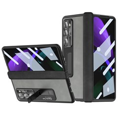 For Samsung Galaxy Z Fold2 5G Hinge Protection Kickstand Case Nappa Texture PU Leather + PC Shockproof Phone Cover with Tempered Glass Film - Grey