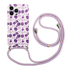 For iPhone 13 Pro 6.1 inch IMD Flower Pattern Printed Phone Cover Flexible TPU Protective Case with Lanyard - Violet