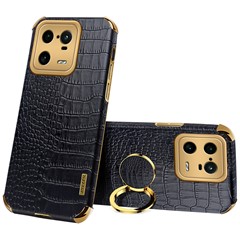 For Xiaomi 13 Pro 5G Ring Kickstand Electroplating Phone Case Well-protected Crocodile Texture PU Leather Coated TPU Cover - Black