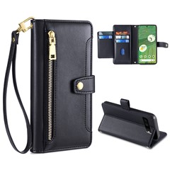 For Google Pixel 7 5G PU Leather Stand Case Zipper Pocket Phone Cover with Wrist Strap and Shoulder Strap - Black