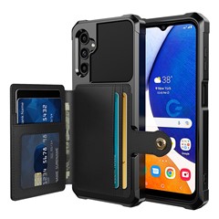 ZM03 for Samsung Galaxy A14 5G / A14 4G Fall Protection PU Leather Coated TPU Case Card Holder Kickstand Phone Cover with Magnetic Metal Sheet - Black