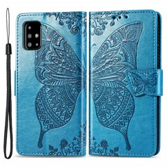 For Samsung Galaxy A51 4G SM-A515 Imprinted Butterfly Pattern Anti-scratch Phone Case PU Leather Stand Wallet Cover with Strap - Blue