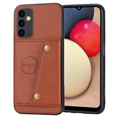 For Samsung Galaxy A34 5G Dual Button Card Holder PU Leather Coated TPU Case Car Mount Metal Sheet Phone Kickstand Cover - Light Brown