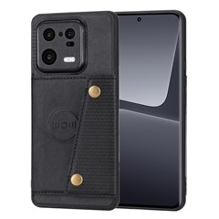 For Xiaomi 13 5G Kickstand Phone Case Dual Button Card Slots Drop-proof PU Leather Coated TPU Case with Built-in Metal Sheet - Black