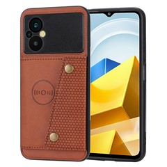 For Xiaomi Poco M5 4G Dual Button Card Slots Phone Case Magnetic Holder Built-in Metal Sheet Leather Coated TPU Kickstand Cover - Light Brown