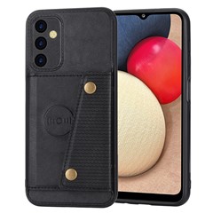 For Samsung Galaxy A14 5G / A14 4G Dual Button Card Slots Leather Coated TPU Case Car Mount Metal Sheet Kickstand Phone Cover - Black