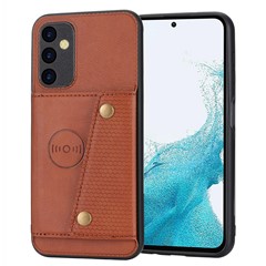 For Samsung Galaxy A54 5G Dual Button Card Slots Phone Case Kickstand Anti-drop PU Leather Coated TPU Cover with Built-in Metal Sheet - Light Brown