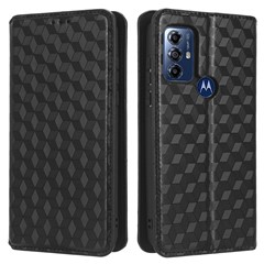 PU Leather Protective Phone Case For Motorola Moto G Play (2023) 4G, Rhombus Pattern Imprinted Magnetic Auto-absorbed Stand Wallet Folio Flip Phone Cover - Black