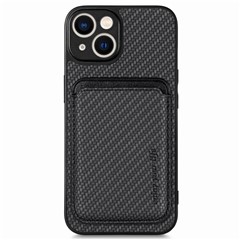 For iPhone 14 Detachable 2-in-1 Magnetic Card Holder Phone Case Carbon Fiber Texture PU Leather + TPU + PC Anti-drop Protective Cover - Black