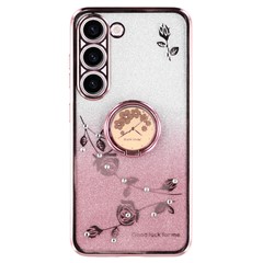 KADEM For Samsung Galaxy S22 5G TPU Case with Kickstand Flower Pattern Rhinestone Decor - Rose Gold