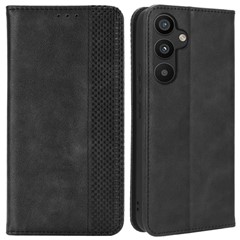 For Samsung Galaxy A34 5G Anti-fall Phone Case Stand Retro Texture Imprinted Pattern Magnetic Auto Closing Flip Leather Wallet Phone Cover - Black