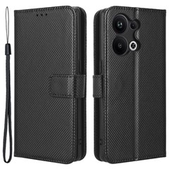 Anti-fall Phone Cover for Oppo Reno9 Pro+ 5G, Magnetic Clasp Diamond Texture PU Leather Anti-scratch Adjustable Stand Wallet Phone Case - Black