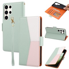 PU Leather Phone Wallet Case for Samsung Galaxy S23 Ultra, Tri-color Splicing Litchi Texture Phone Stand Cover with Strap - Green