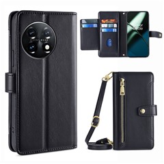 Shockproof Phone Case for OnePlus 11 5G, Zipper Pocket Card Slots Flip Leather Phone Cover with Straps - Black