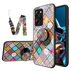 For Xiaomi Poco X5 Pro 5G / Redmi Note 12 Pro Speed 5G Kickstand Phone Case Flower Pattern PC+TPU+Tempered Glass Cover with Lanyard - Checkered Pattern