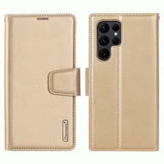 HANMAN Mill Series PU Leather Case for Samsung Galaxy S23 Ultra , Magnetic Flip Stand Wallet Phone Cover - Gold