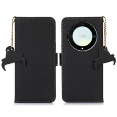 Shockproof Phone Case For Honor X40 5G / X9a 5G / Magic5 Lite 5G Genuine Cow Leather Stand RFID Blocking Phone Flip Wallet Cover - Black