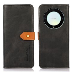 KHAZNEH For Honor X9a 5G / X40 5G / Magic5 Lite 5G Gold Button PU Leather Cowhide Texture Phone Stand Case Wallet Cover - Black