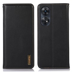 KHAZNEH Phone Wallet Cover for Oppo Reno8 T 4G RFID Blocking Genuine Cowhide Leather Stand Phone Case - Black