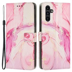 For Samsung Galaxy A34 5G Leather Phone Cover Stand Wallet Marble Pattern Phone Case with Strap - Rose Gold