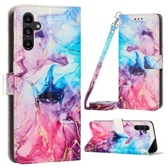For Samsung Galaxy A54 5G Marble Pattern Phone Case PU Leather Stand Phone Wallet Cover with Shoulder Strap - Pink  /  Purple