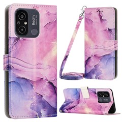 For Xiaomi Redmi 12C 4G / 11A 4G Phone Wallet Case Marble Pattern PU Leather Stand Cover with Shoulder Strap - Purple